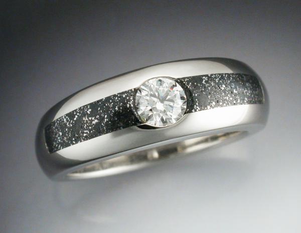 14k White gold ring with iron infused Chondrite meteorite and an ideal cut Diamond picture