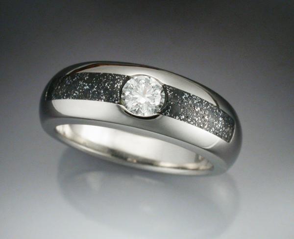 14k White gold ring with iron infused Chondrite meteorite and an ideal cut Diamond picture