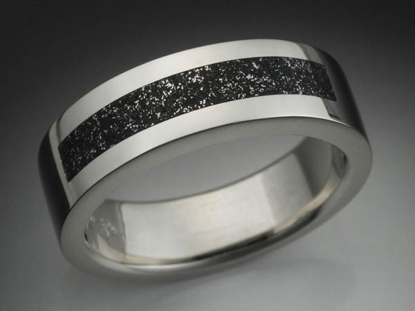 14k White gold mans ring with Chondrite meteorite inlay picture