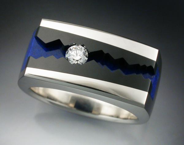 14k White Gold Man's ring with Black Jade, Lapis & Diamond picture