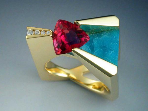 18k Pink Tourmaline, diamond and chrysocolla ring picture