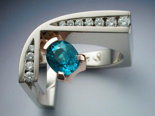 White and rose gold ring with blue Zircon and Diamonds picture