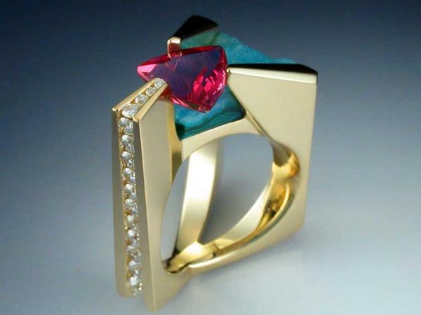 18k Pink Tourmaline, diamond and chrysocolla ring picture