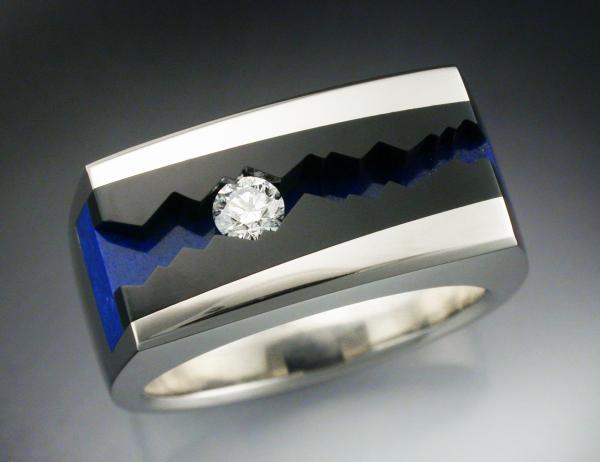 14k White Gold Man's ring with Black Jade, Lapis & Diamond picture