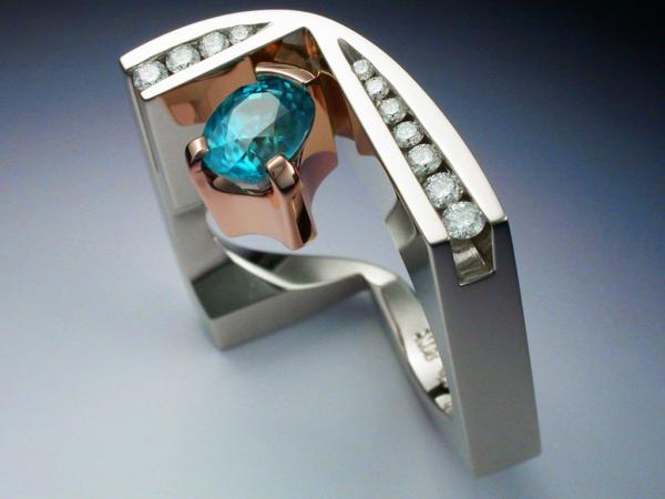 White and rose gold ring with blue Zircon and Diamonds picture