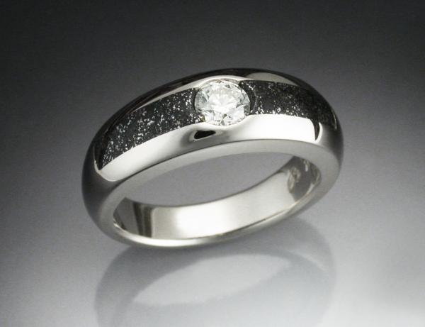 14k White gold ring with iron infused Chondrite meteorite and an ideal cut Diamond picture