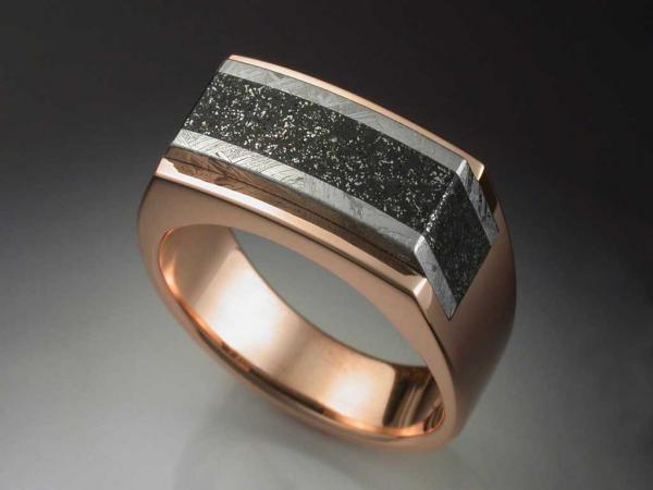 14k Rose Gold Mans Ring with Iron and Chondrite Meteorite picture