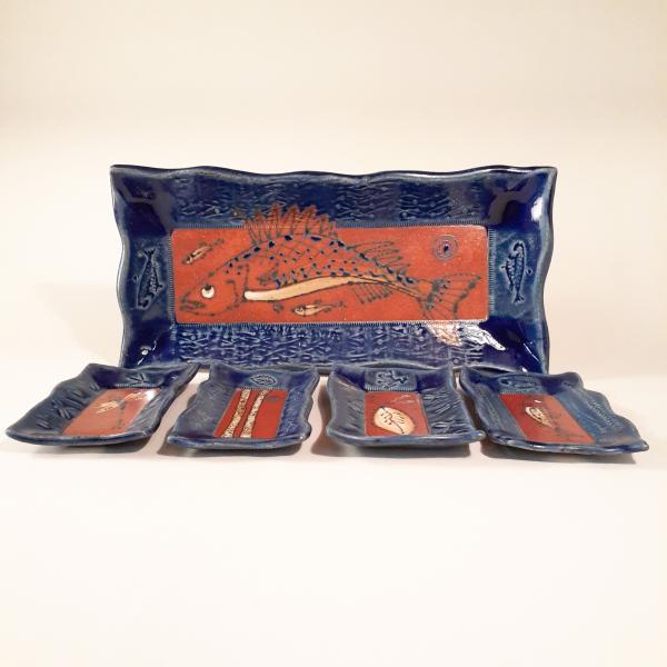 APPETIZER SET Walleye Motif Blue Glaze