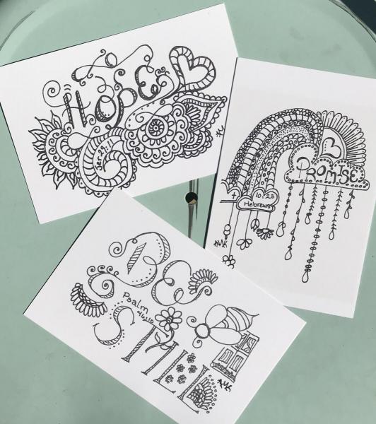 Mixed Hope, Promise, Be Still Scribbling Postcards -6 Line Art Postcards to Color and Mail- Greeting and Word of Encouragement Coloring Card