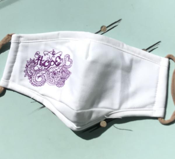 Face Mask - Hope - White Canvas with Purple Embroidery - 3 Layer Breathable Washable - nose wire included picture