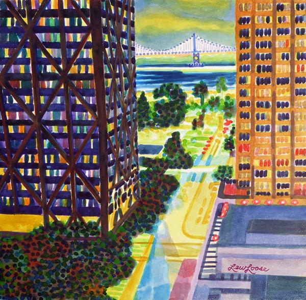 Original watercolor painting - 12"x12" - "Brilliant Between Buildings"