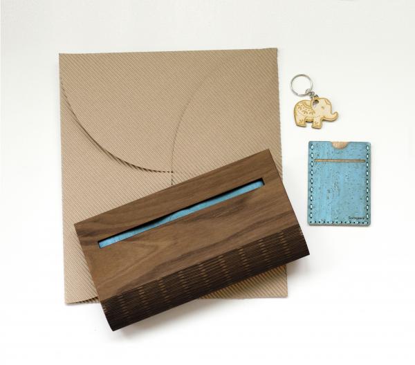 Walnut Wood and Cork Fabric Purse - Tourquoise picture