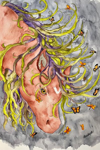 Watercolor Horse with Butterflies