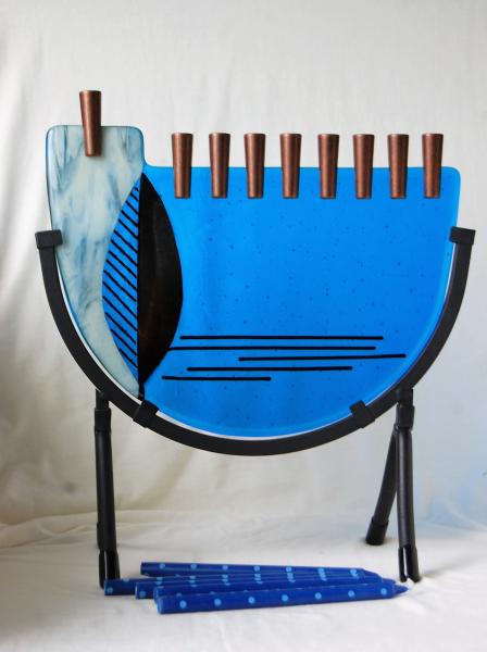 Fused Glass Hanukkiyah, Modern Turquoise Tall Standing Menorah picture