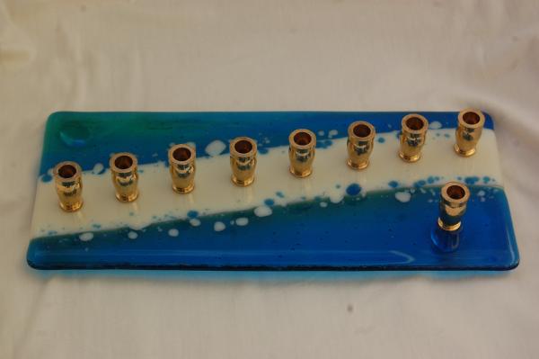 Fused Glass Menorah, Modern Blue and White Hanukkiyah picture