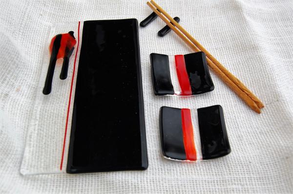 Modern Fused Glass Sushi Set, Black Red and Clear Susi Set