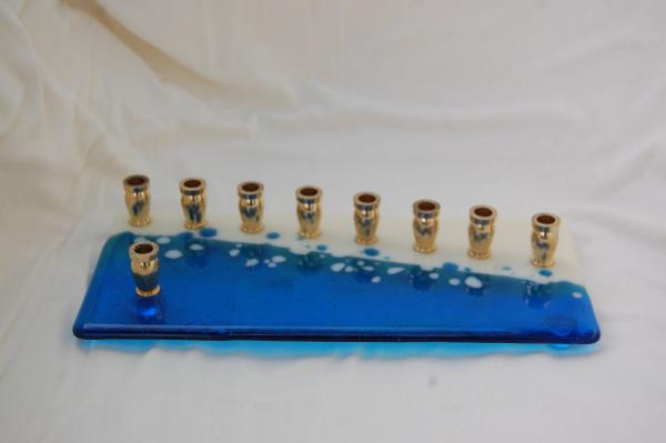 Fused Glass Menorah, Modern Blue and White Hanukkiyah picture