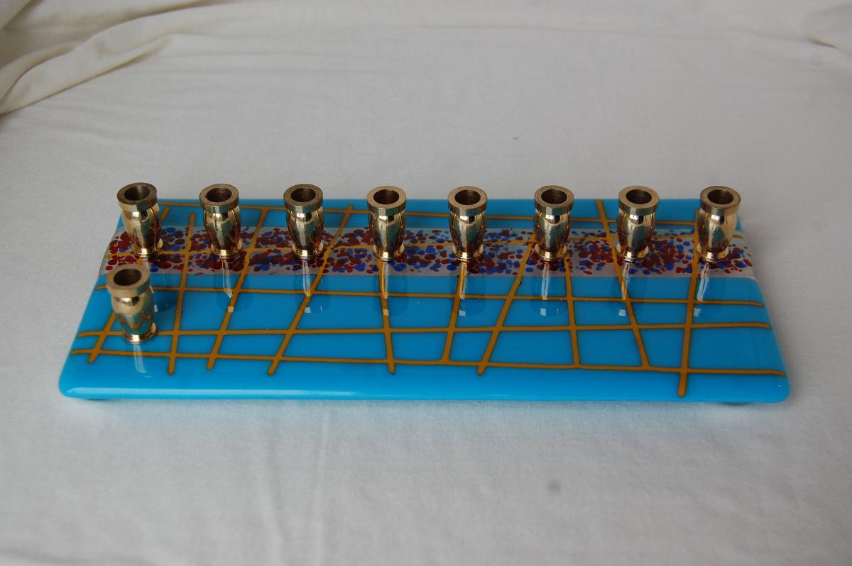 Fused Glass Menorah, Modern Light Blue Hanukkiyah picture
