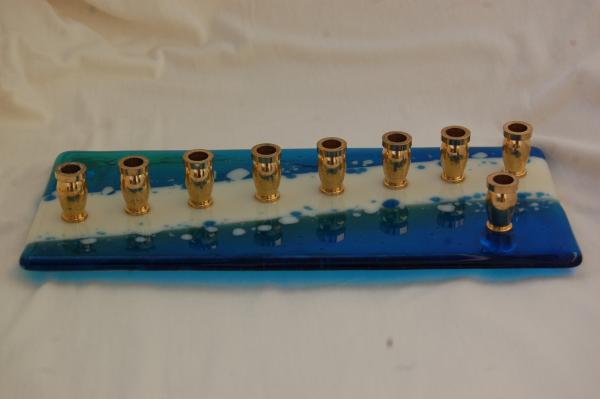 Fused Glass Menorah, Modern Blue and White Hanukkiyah picture