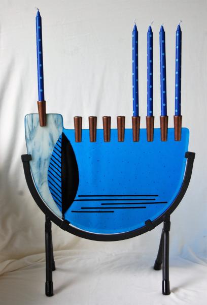 Fused Glass Hanukkiyah, Modern Turquoise Tall Standing Menorah picture