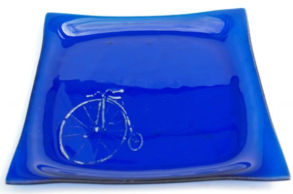 Square Cobalt Blue Unicycle hand crafted Fused Glass plate picture