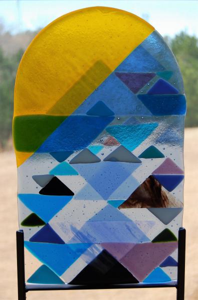 Fused Glass Artwork, Table Top Glass Art With Stand,  Suncatcher , Triangles Collage picture