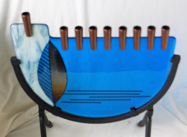 Fused Glass Hanukkiyah, Modern Turquoise Tall Standing Menorah picture