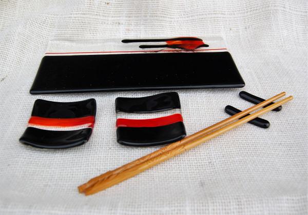 Modern Fused Glass Sushi Set, Black Red and Clear Susi Set picture
