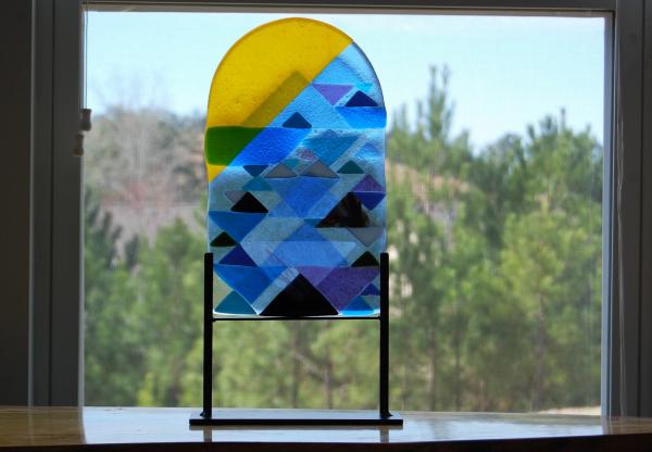 Fused Glass Artwork, Table Top Glass Art With Stand,  Suncatcher , Triangles Collage picture