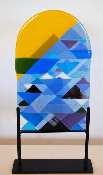 Fused Glass Artwork, Table Top Glass Art With Stand,  Suncatcher , Triangles Collage
