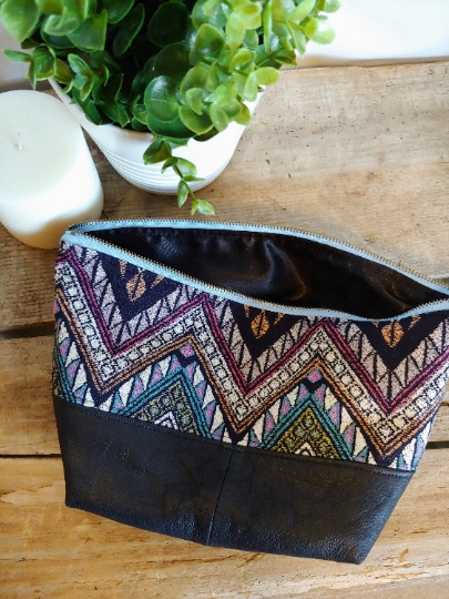 Upcycled Carry-All Pouch | Geometric Multicolor & Leather picture