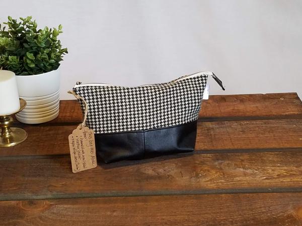 Upcycled Carry-All Pouch | Classic Houndstooth & Leather picture