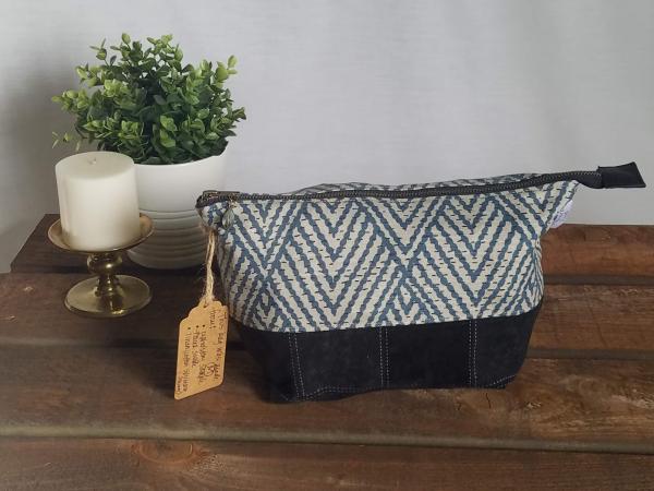 MEDIUM Upcycled Carry-All Pouch | Blue Diamonds & Faux Suede picture