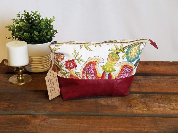 MEDIUM Upcycled Carry-All Pouch | Boho Summer Flowers & Leather picture