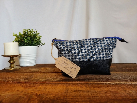Upcycled Carry-All Pouch | Blue Diamond Motif & Leather