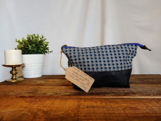 Upcycled Carry-All Pouch | Blue Diamond Motif & Leather picture