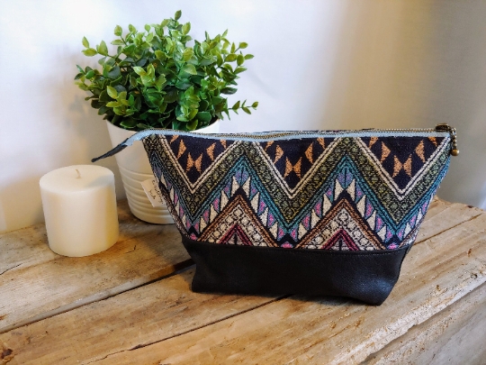 Upcycled Carry-All Pouch | Geometric Multicolor & Leather