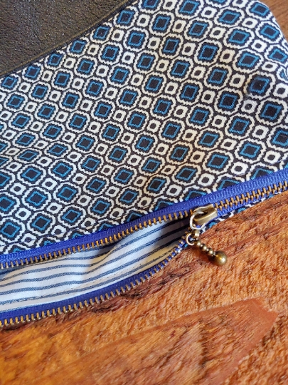 Upcycled Carry-All Pouch | Blue Diamond Motif & Leather picture