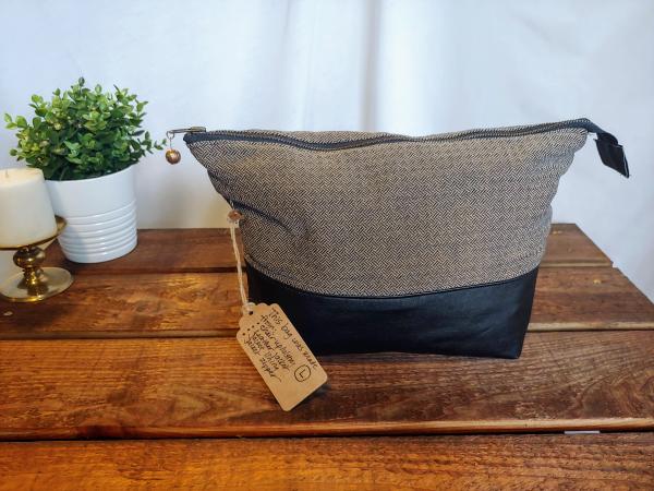 LARGE Upcycled Carry-All Pouch | Classic Herringbone & Leather picture