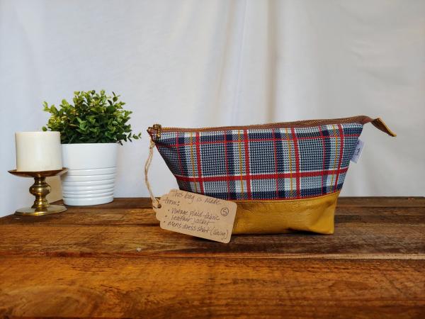 Upcycled Carry-All Pouch | Classy Plaid & Yellow Leather picture