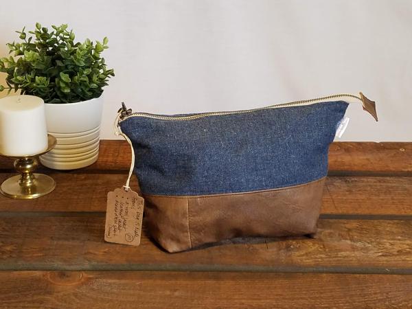 MEDIUM Upcycled Carry-All Pouch | Denim Wool & Leather picture