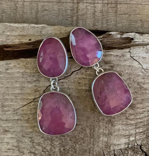 Geometric Free Form Dark Pink Raw Sapphire Sterling Silver Statement Earrings | Sapphire Earrings | Birthstone Jewelry picture