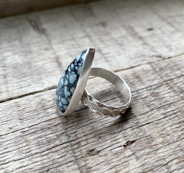 One of a Kind Teardrop Spotted Tibetan Turquoise Sterling Silver Ring with Patterned Ring Band | Turquoise Ring | December Birthstone picture