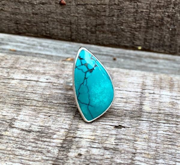 Geometric Bright Blue Veined Turquoise Sterling Silver Statement Ring picture