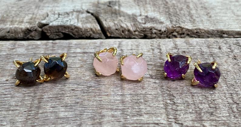 Round Faceted Amazonite Rose Quartz or Amethyst Gold Plated Prong Stud Earrings picture