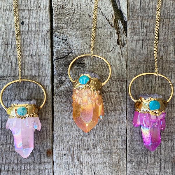 Chunky Amethyst, Turquoise, Rainbow Quartz 14 Karat Gold Electroplated Power Pendant picture