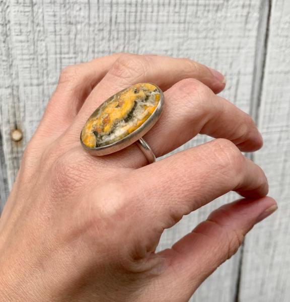 Large Black Gray Orange Yellow Oval Bumble Bee Jasper Sterling Silver Statement Ring | Jasper Ring picture