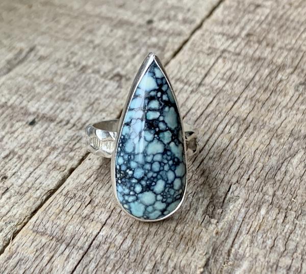 One of a Kind Teardrop Spotted Tibetan Turquoise Sterling Silver Ring with Patterned Ring Band | Turquoise Ring | December Birthstone picture