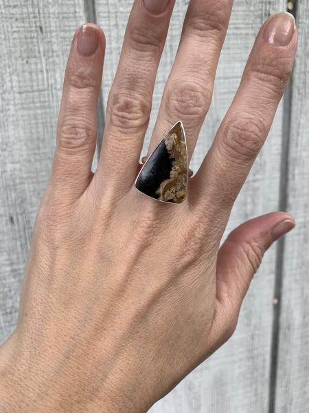 Geometric Triangle Petrified Palm Wood Sterling Silver Statement Ring picture