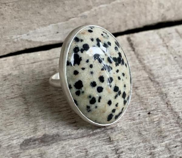 Large Oval Dalmatian Jasper Black and Off White Spotted Sterling Silver Statement Ring picture